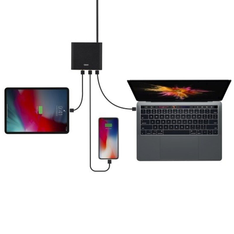 Statie Incarcare Priza Uniq Surge 2x USB + 2x Type-C Cu Cablu De Incarcare - Negru