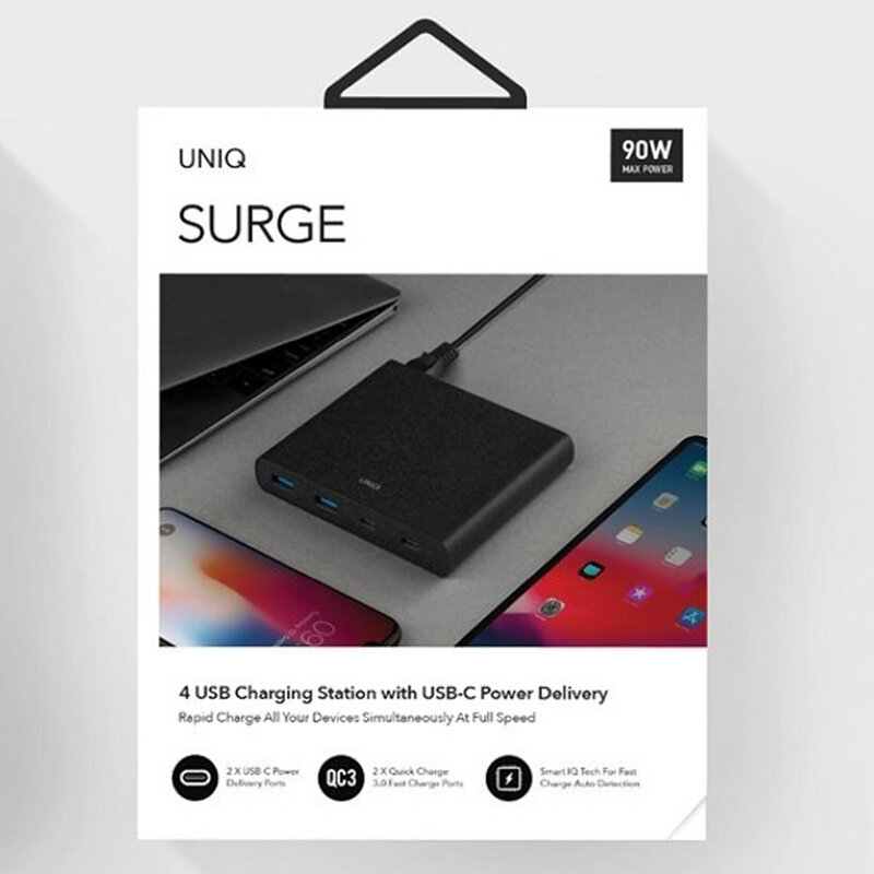 Statie Incarcare Priza Uniq Surge 2x USB + 2x Type-C Cu Cablu De Incarcare - Negru