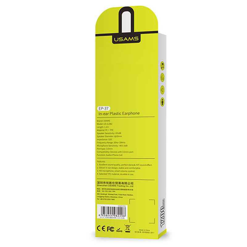 Casti In-Ear Cu Microfon USAMS EP-37 Plastic Earphone 3.5mm 1.2m - US-SJ382 - Negru
