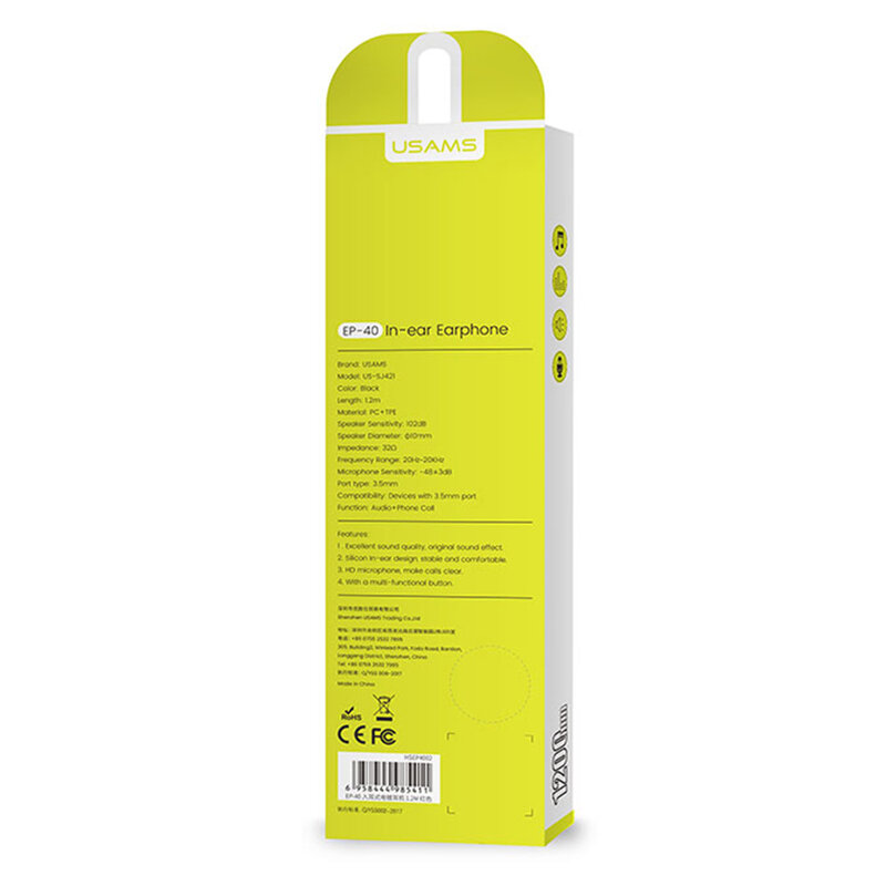 Casti In-Ear Cu Microfon USAMS EP-40 Earphone With Jack 3.5mm 1.2m - US-SJ421 - Negru