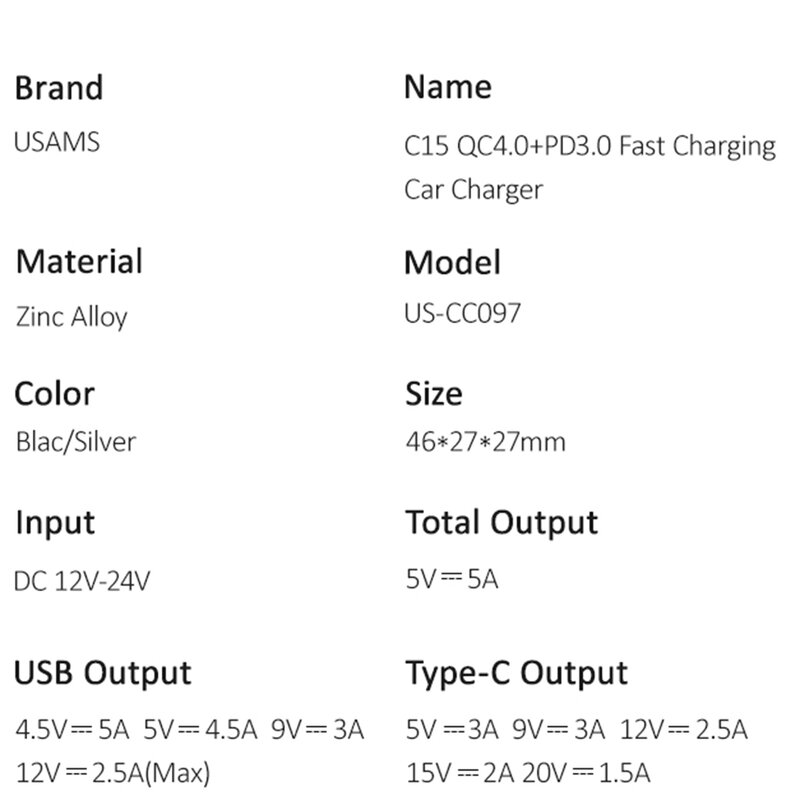 Incarcator Auto USAMS C15 USB QC4.0 + Type-C PD3.0 Fast Charging 8A - US-CC097 - Negru
