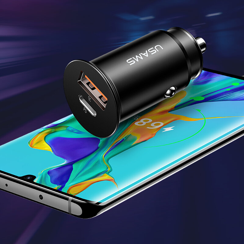 Incarcator Auto USAMS C15 USB QC4.0 + Type-C PD3.0 Fast Charging 8A - US-CC097 - Argintiu