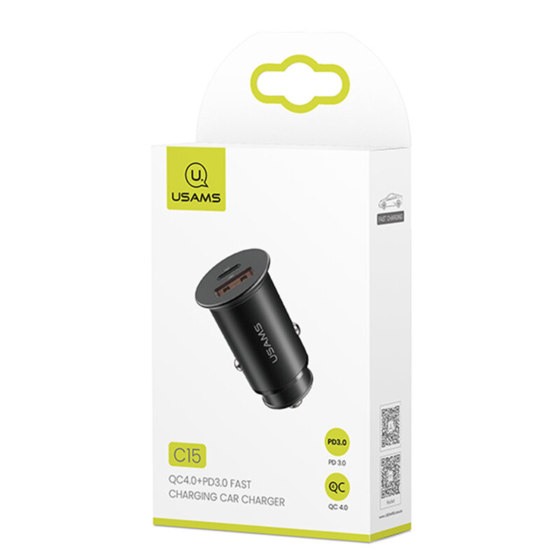 Incarcator Auto USAMS C15 USB QC4.0 + Type-C PD3.0 Fast Charging 8A - US-CC097 - Argintiu