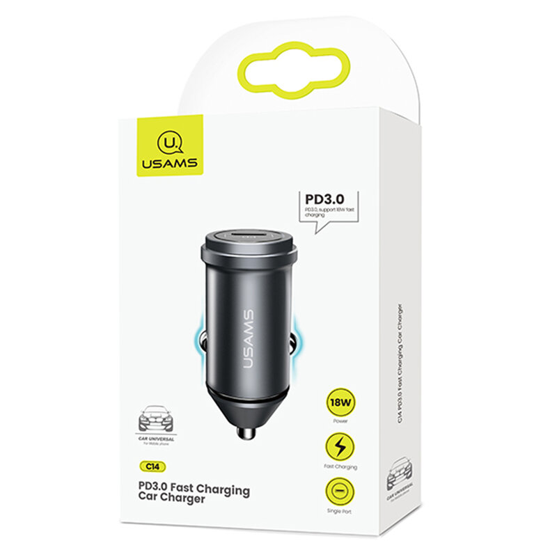 Incarcator Auto USAMS C14 Fast Charging Type-C PD3.0 Aluminum 3A 18W - US-CC095 - Gri