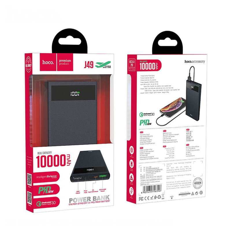 Baterie Externa Hoco J49 Dual USB/PD Type-C/Micro-USB Digital Display 10000mAh 18W QC3.0 - Negru