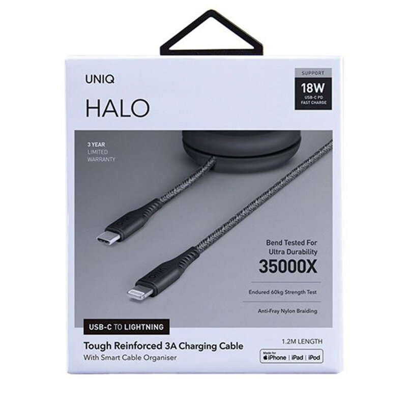 Cablu De Date Uniq Halo Tough Reinforced Type-C To Lightning Cu Organizator Pentru Cabluri 3A 18W - Negru