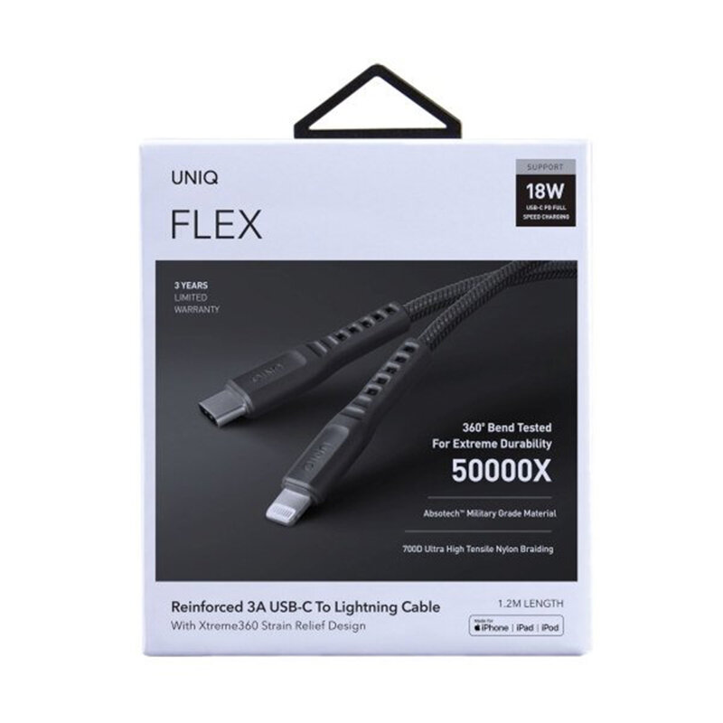 Cablu De Date Uniq Flex Type-C To Lightning Tough Reinforced Military Grade Absotech 3A 18W 1.2m - Cenusiu