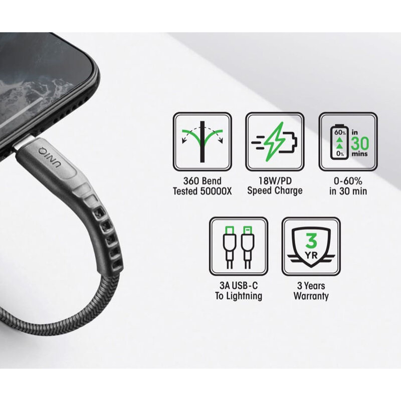 Cablu De Date Uniq Flex Type-C To Lightning Tough Reinforced Military Grade Absotech 3A 18W 1.2m - Cenusiu