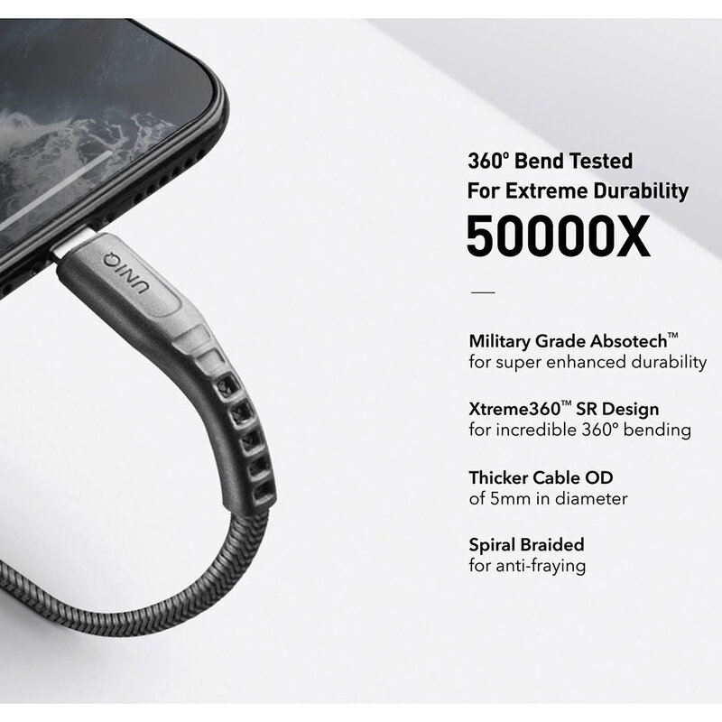 Cablu De Date Uniq Flex Type-C To Lightning Tough Reinforced Military Grade Absotech 3A 18W 1.2m - Cenusiu