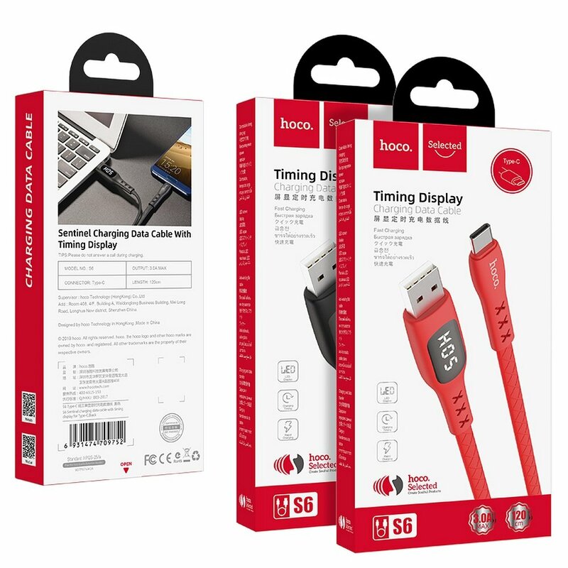 Cablu De Date Hoco Selected S6 USB To Type-C Cu Temporizator Si Afisaj LED 3.0A 1.2m - Rosu