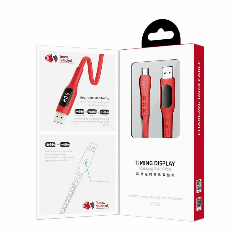 Cablu De Date Hoco Selected S6 USB To Micro-USB Cu Temporizator Si Afisaj LED 2.4A 1.2m - Rosu