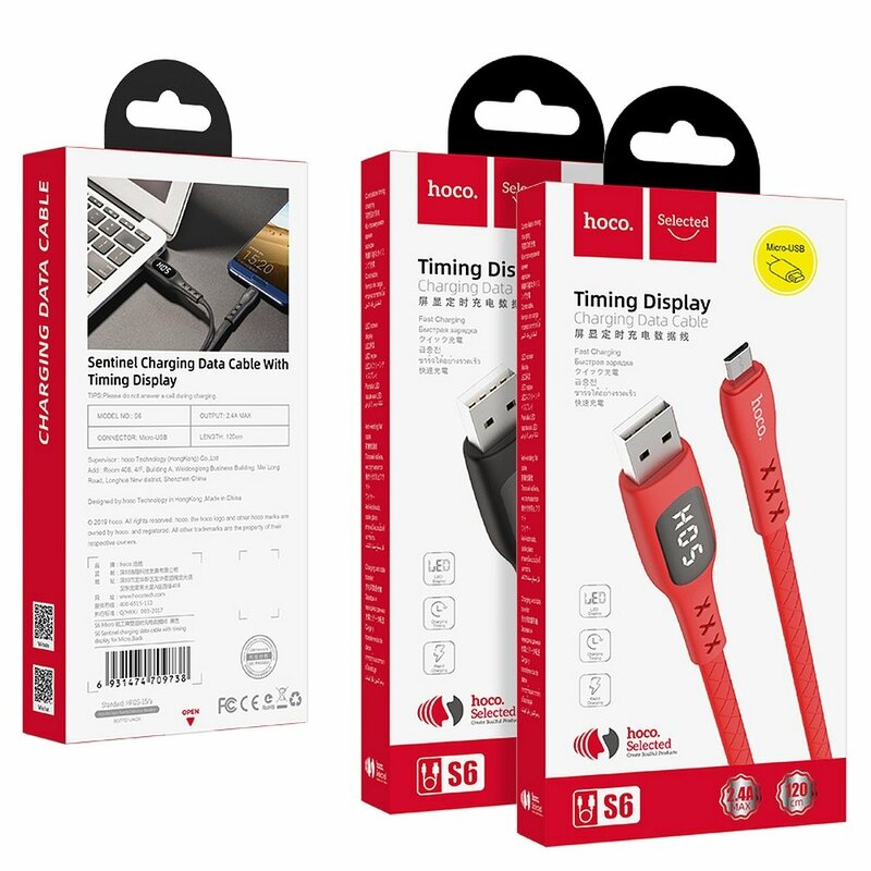 Cablu De Date Hoco Selected S6 USB To Micro-USB Cu Temporizator Si Afisaj LED 2.4A 1.2m - Negru