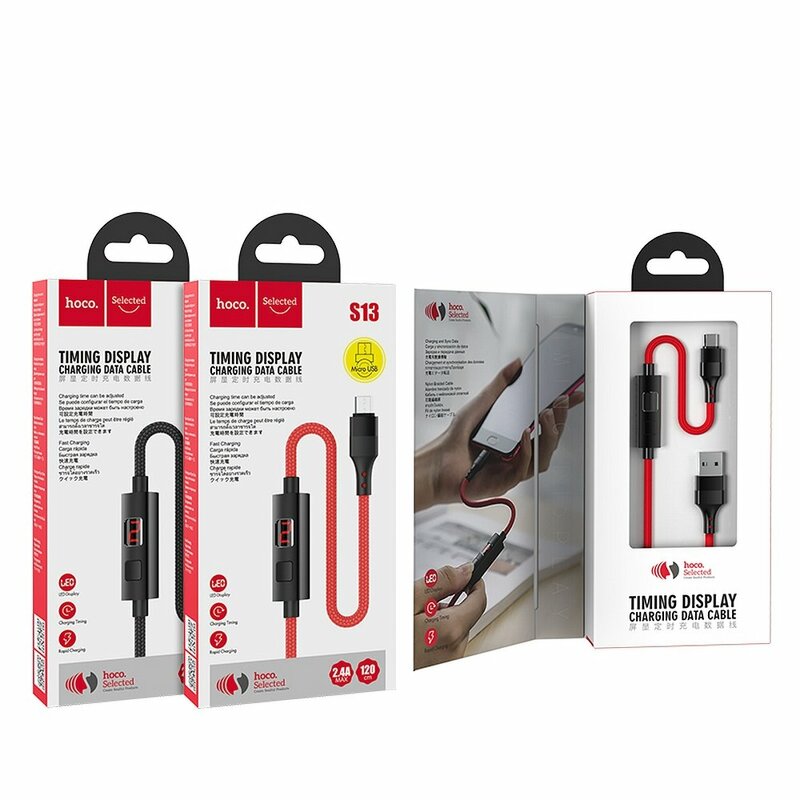 Cablu De Date Hoco Selected S13 Micro-USB Cu Temporizator Si Afisaj LED 2.4A 1.2m - Rosu