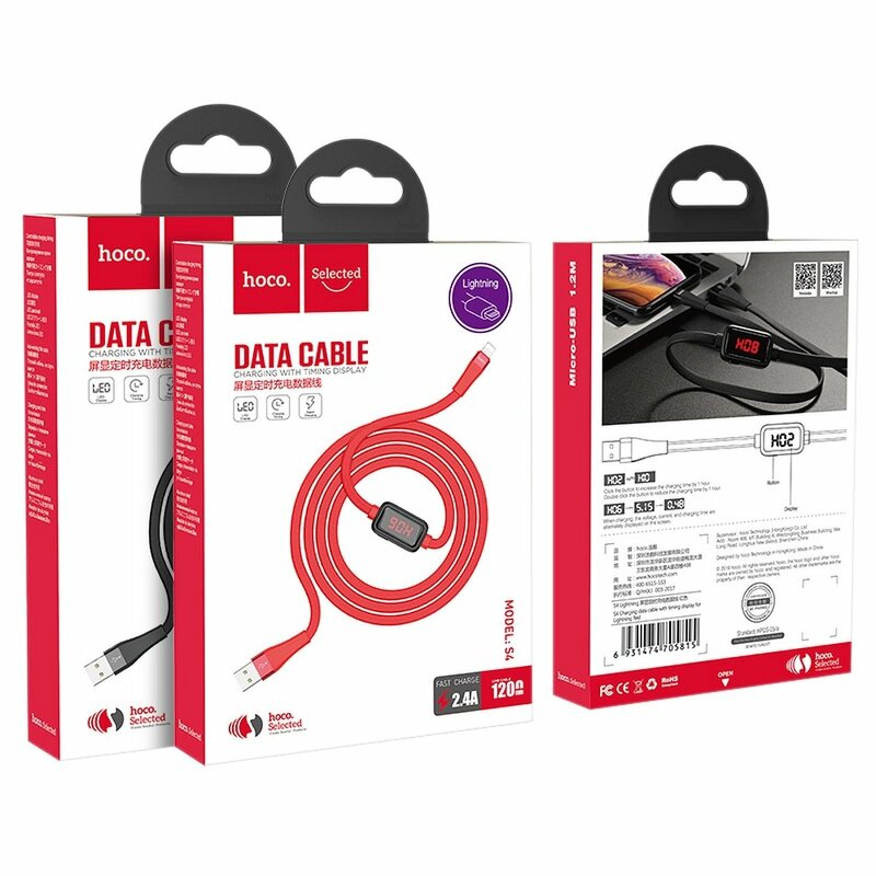 Cablu De Date Hoco Selected S4 USB La Lightning Cu Temporizator Si Afisaj LED 2.4A 1.2m - Rosu