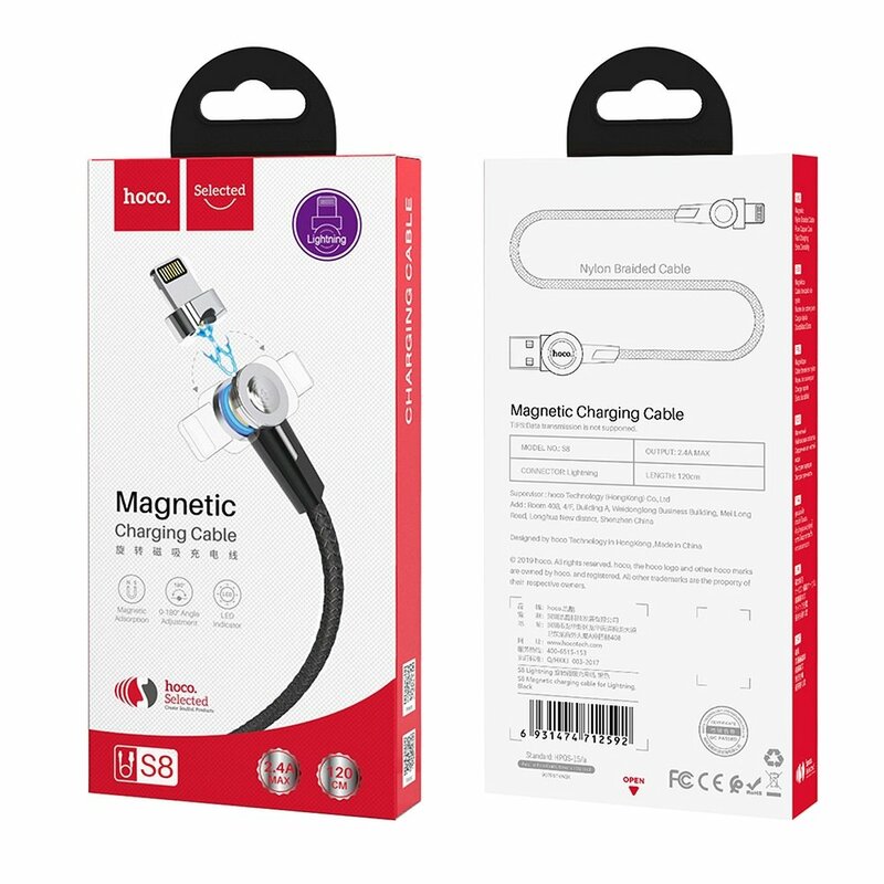 Cablu De Incarcare Hoco Selected S8 Magnetic 180° USB To Lightning Cu Indicator LED 2.4A 1.2m - Negru