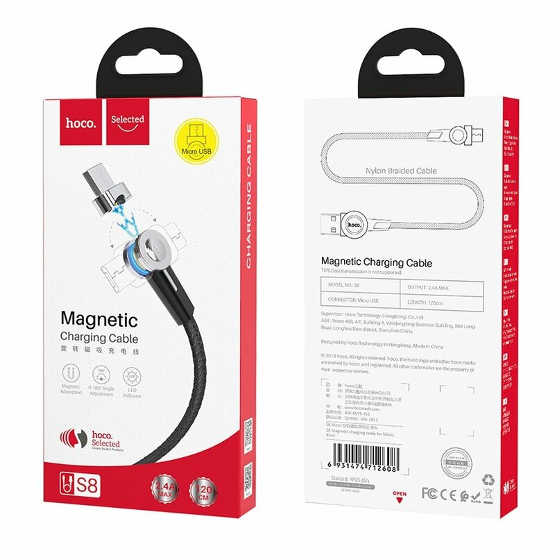Cablu De Incarcare Hoco Selected S8 Magnetic 180° USB To Micro-USB Cu Indicator LED 2.4A 1.2m - Negru