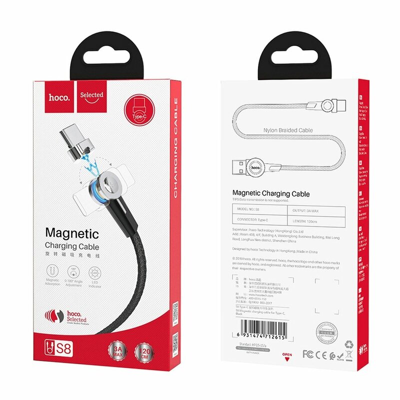 Cablu De Incarcare Hoco Selected S8 Magnetic 180° USB To Type-C Cu Indicator LED 3A 1.2m - Negru
