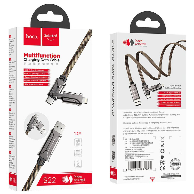 Cablu de date 4 in 1 Lightning/USB/ 2x Type-C Hoco S22 60W 1.2m, negru