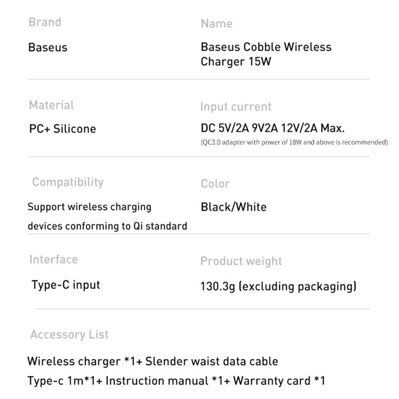 Incarcator Wireless Baseus Cobble Induction Horizontal + Cablu De Incarcare Type-C 1m 15W - WXYS-02 - Alb