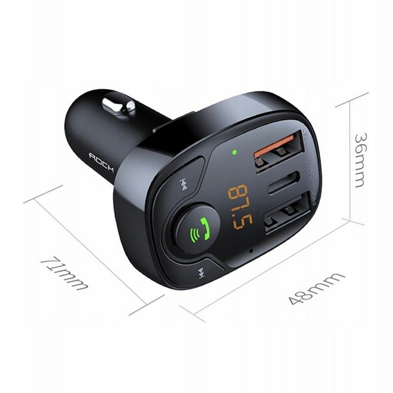 Incarcator Auto Cu Modulator FM Rock B301 Bluetooth MP3 Wireless Dual-USB + Type-C - Negru