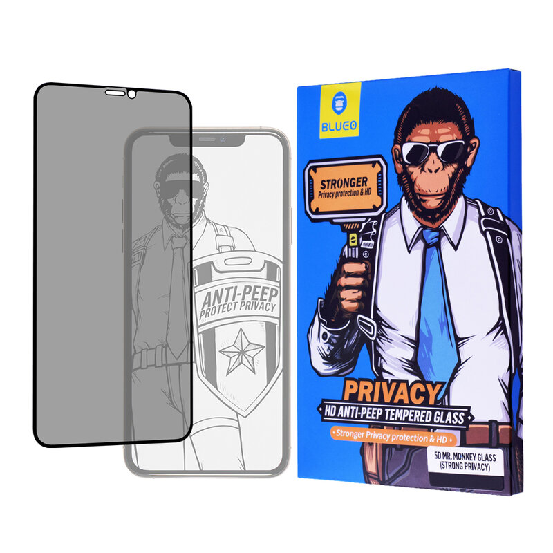 Folie Sticla iPhone XS Blueo 5D Mr. Monkey HD Strong Privacy Cu Rama - Negru