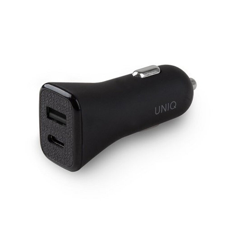 Incarcator Auto Uniq Votra Duo P30 Type-C PD3.0 18W USB-A 2.4A + Cablu Incarcare Type-C/Lightning - Negru
