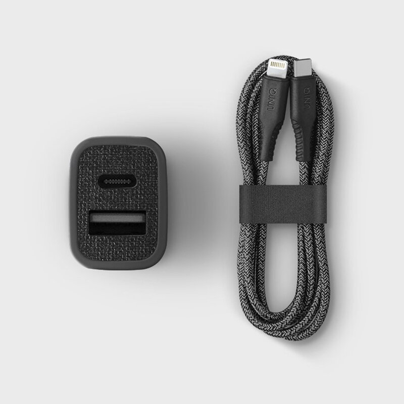 Incarcator Auto Uniq Votra Duo P30 Type-C PD3.0 18W USB-A 2.4A + Cablu Incarcare Type-C/Lightning - Negru