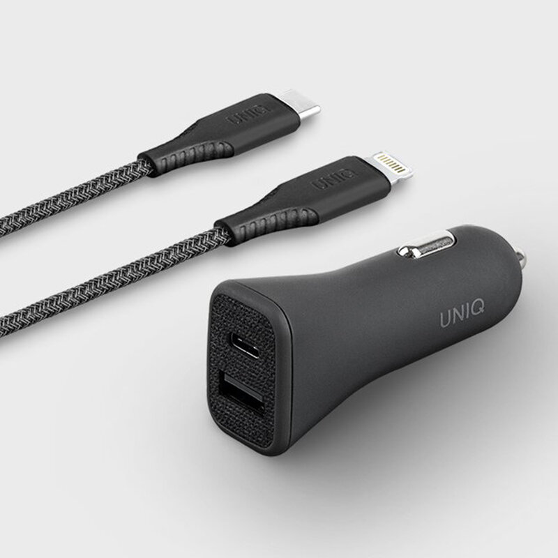 Incarcator Auto Uniq Votra Duo P30 Type-C PD3.0 18W USB-A 2.4A + Cablu Incarcare Type-C/Lightning - Negru
