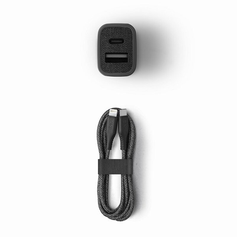 Incarcator Auto Uniq Votra Duo P30 Type-C PD3.0 18W USB-A 2.4A + Cablu Incarcare Type-C/Lightning - Negru