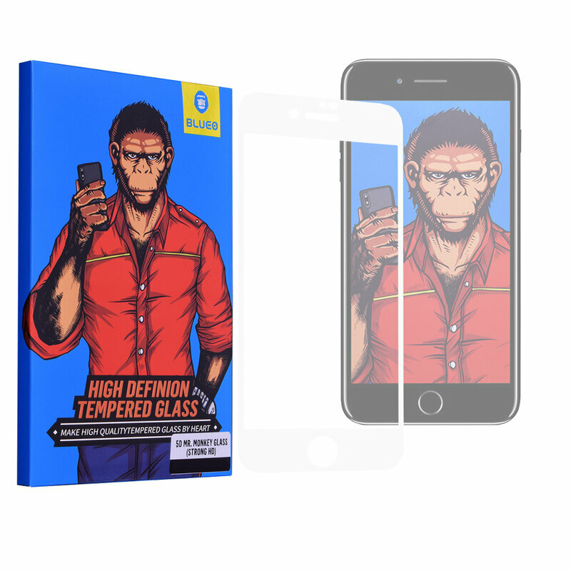 Folie Sticla iPhone SE 2, SE 2020 Blueo 5D Mr. Monkey Glass Strong HD - Alb