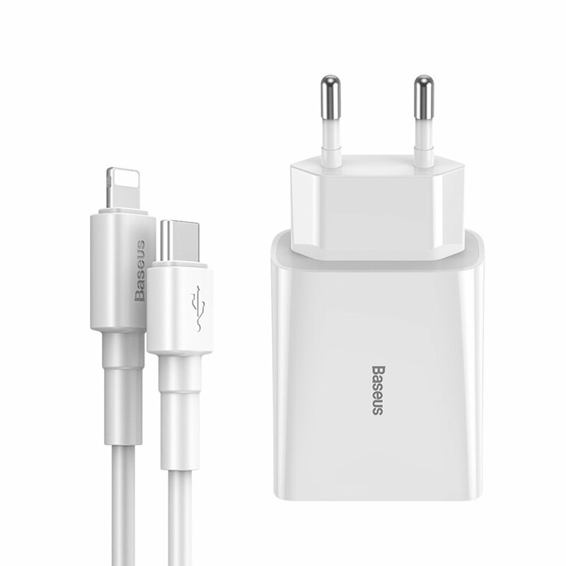Incarcator Priza Baseus Speed Mini PD Single Type-C 18W + Cablu Incarcare Type-C/Lightning - TZCCFS-X02 - Alb