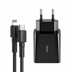 Incarcator Priza Baseus Speed Mini PD Single Type-C 18W + Cablu Incarcare Type-C/Lightning - TZCCFS-X01 - Negru