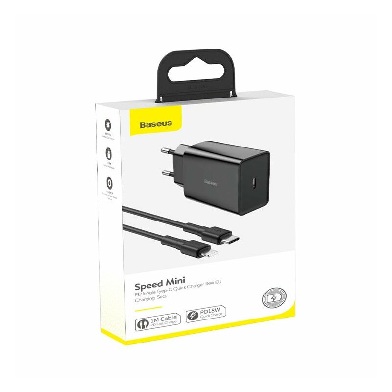 Incarcator Priza Baseus Speed Mini PD Single Type-C 18W + Cablu Incarcare Type-C/Lightning - TZCCFS-X01 - Negru