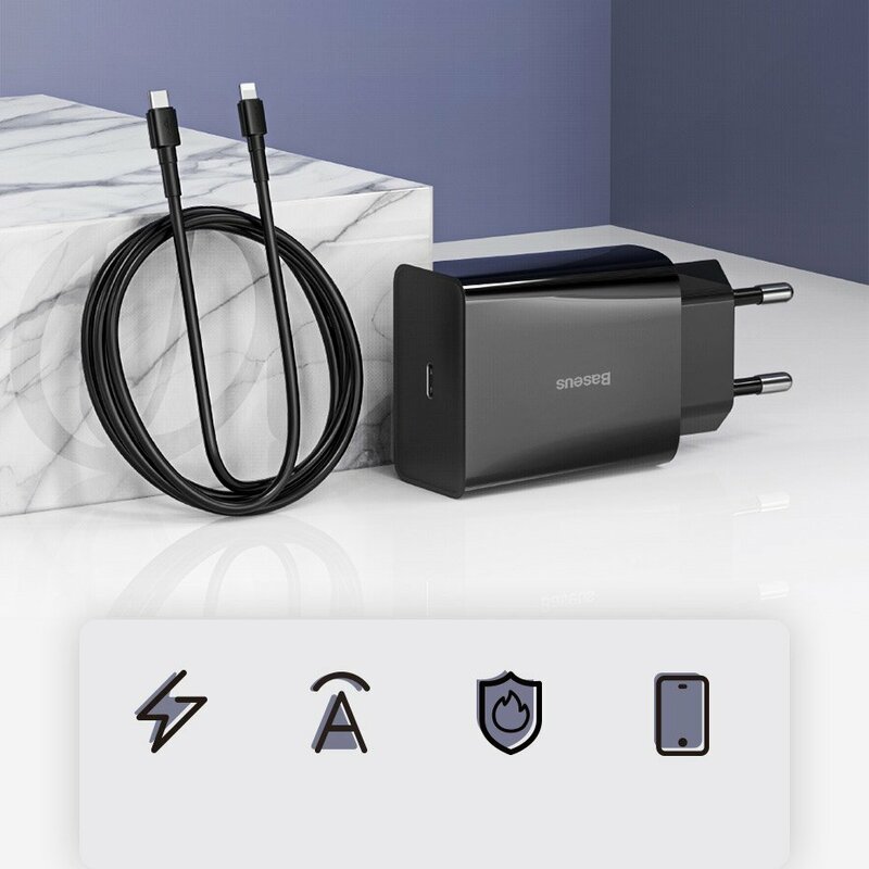 Incarcator Priza Baseus Speed Mini PD Single Type-C 18W + Cablu Incarcare Type-C/Lightning - TZCCFS-X01 - Negru