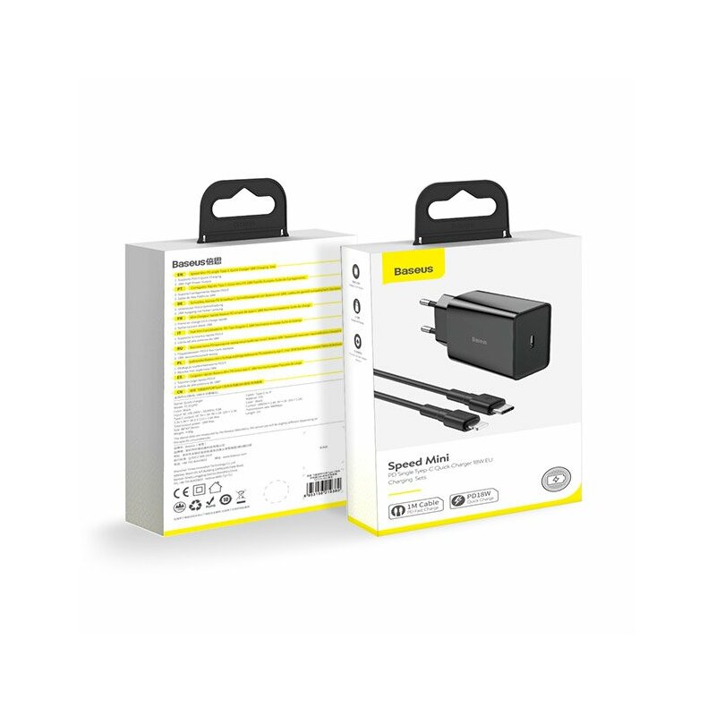 Incarcator Priza Baseus Speed Mini PD Single Type-C 18W + Cablu Incarcare Type-C/Lightning - TZCCFS-X01 - Negru