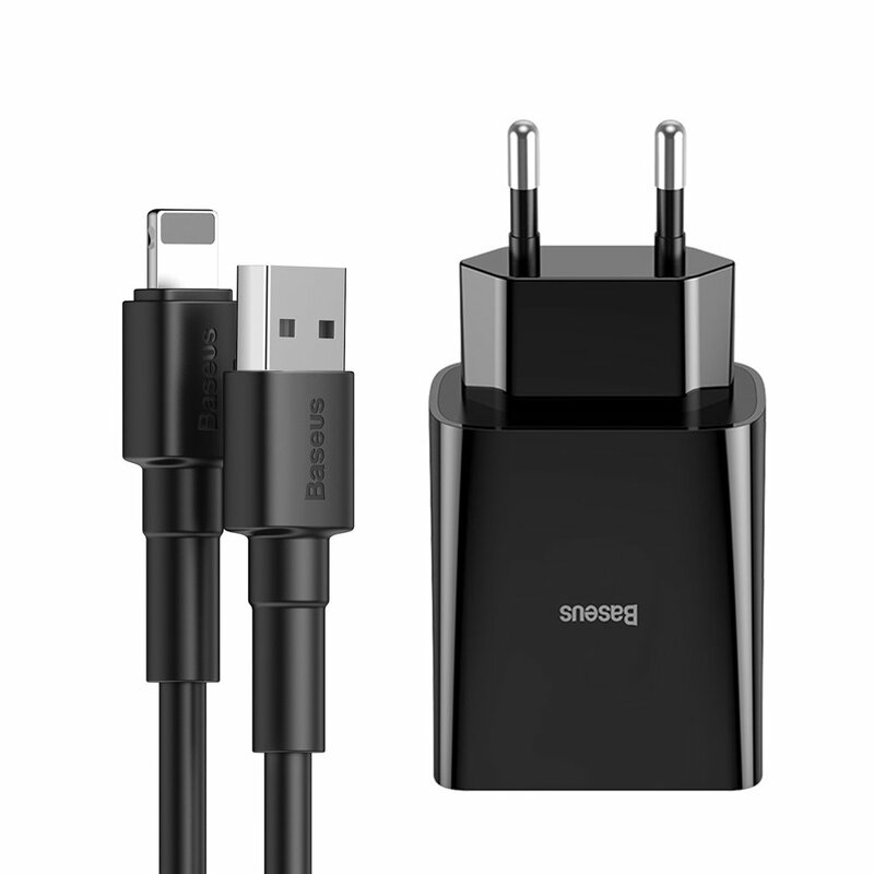 Incarcator Priza Baseus Speed Mini Dual U 2.1A 10.5W + Cablu De Incarcare USB/Lightning - TZCCFS-R01 - Negru