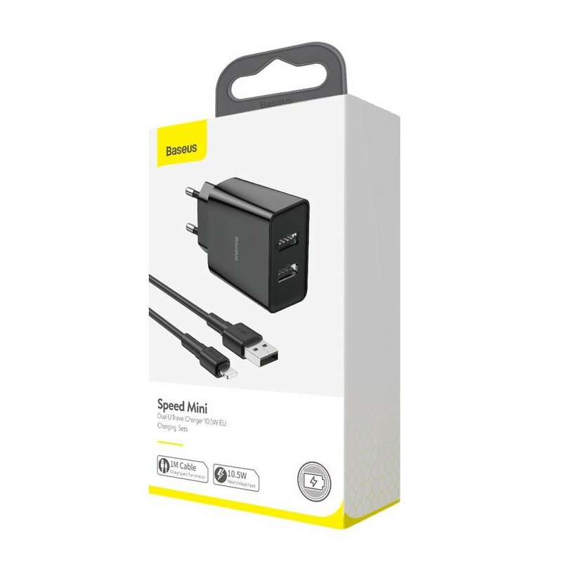 Incarcator Priza Baseus Speed Mini Dual U 2.1A 10.5W + Cablu De Incarcare USB/Lightning - TZCCFS-R01 - Negru