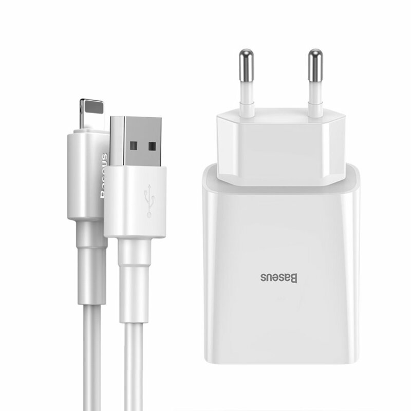 Incarcator Priza Baseus Speed Mini Dual U 2.1A 10.5W + Cablu De Incarcare USB/Lightning - TZCCFS-R02 - Alb