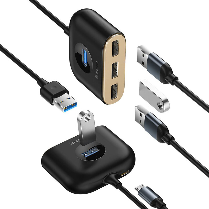 Hub Baseus Square Round 4 in 1 Adapter USB 3.0 To USB 3.0 x 1 + USB 2.0 x 3 Cable 1m - CAHUB-AY01 - Black