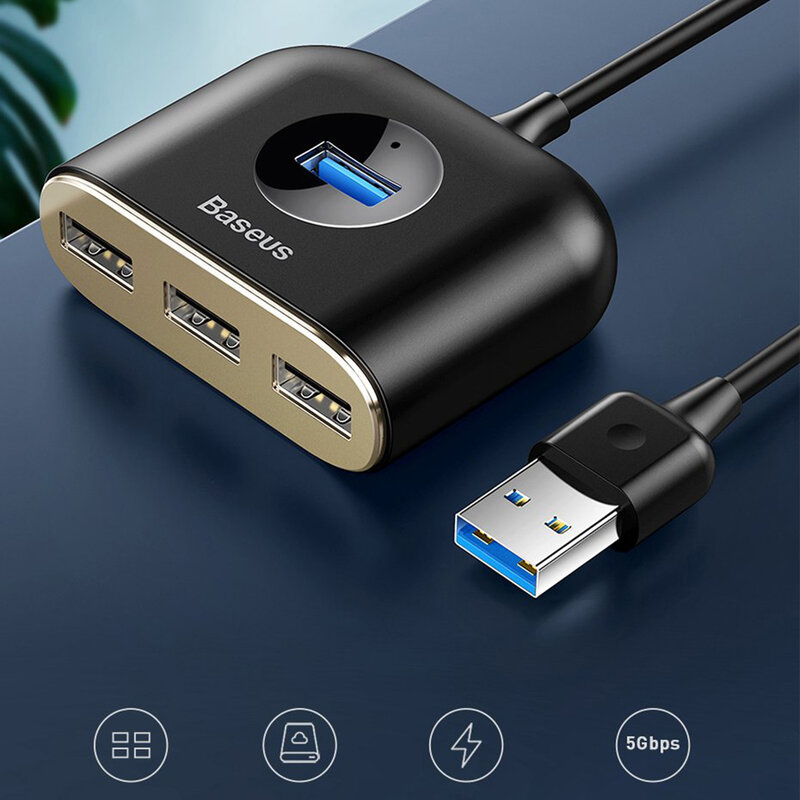 Hub Baseus Square Round 4 in 1 Adapter USB 3.0 To USB 3.0 x 1 + USB 2.0 x 3 Cable 1m - CAHUB-AY01 - Black