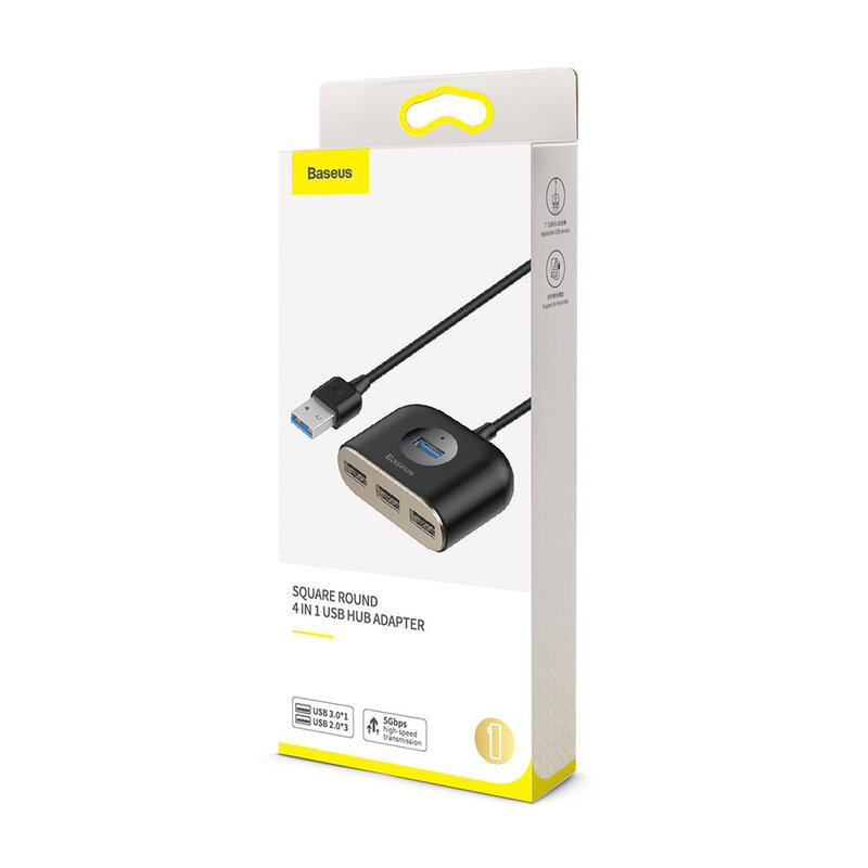 Hub Baseus Square Round 4 in 1 Adapter USB 3.0 To USB 3.0 x 1 + USB 2.0 x 3 Cable 1m - CAHUB-AY01 - Black