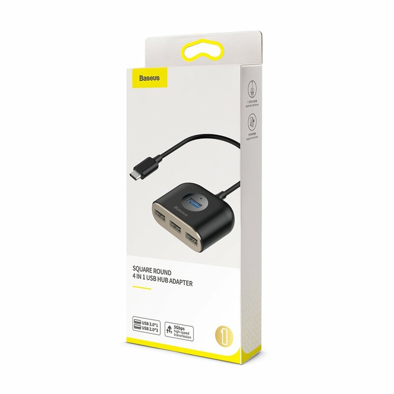 Hub Baseus Square Round 4 in 1 Adapter Type-C To USB 3.0 + USB 2.0 x 3 Cable 0.17m - CAHUB-BY01 - Black