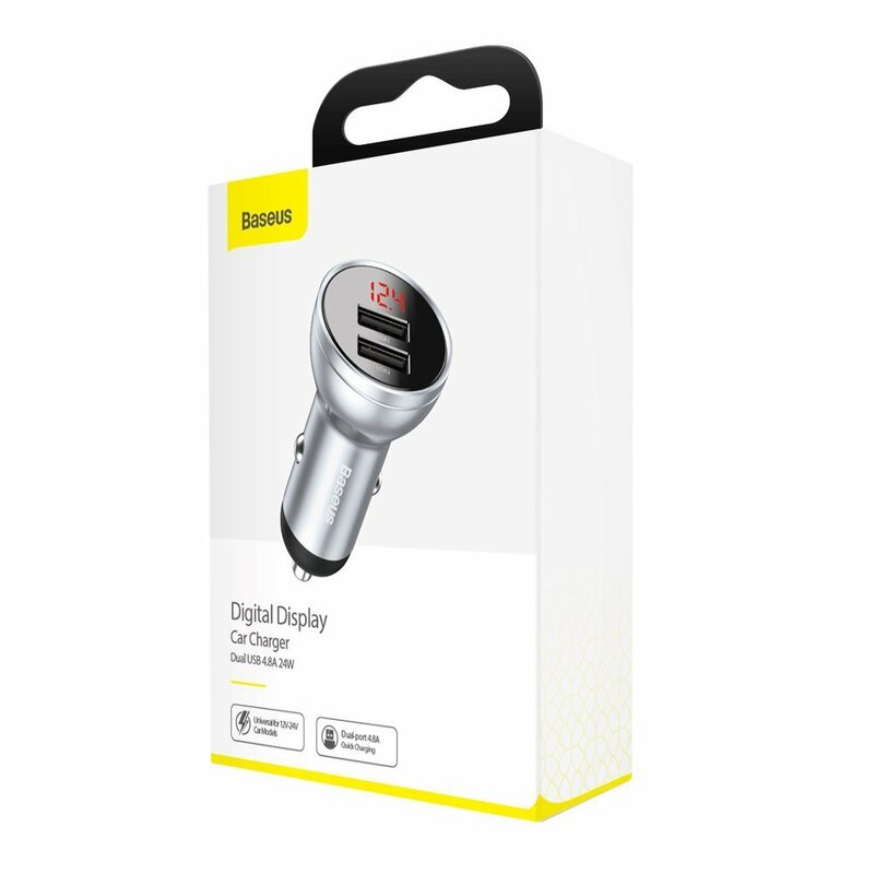 Incarcator Auto Baseus Digital Display Dual USB 4.8A 24W - CCBX-0S - Silver