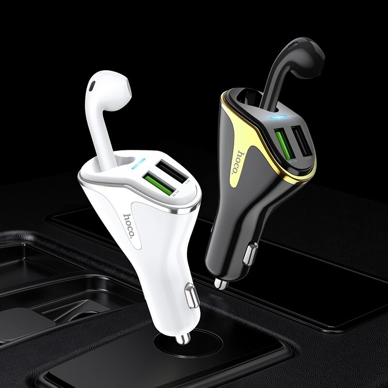 Incarcator Auto Hoco E47 Traveller Dual USB QC3.0 Cu Casca In-Ear Wireless Bluetooth + Suport Interior - Black