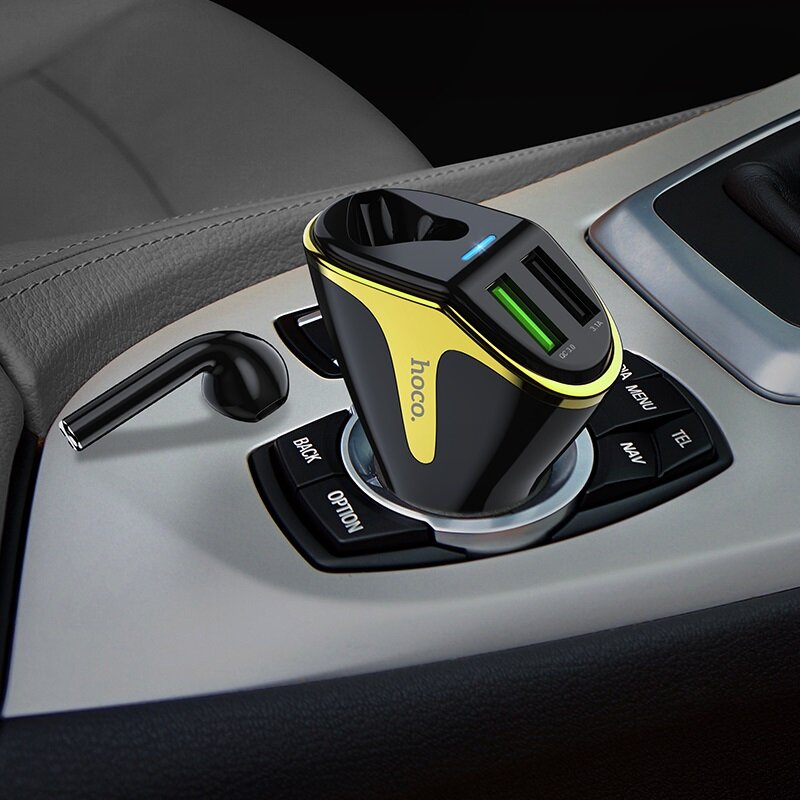 Incarcator Auto Hoco E47 Traveller Dual USB QC3.0 Cu Casca In-Ear Wireless Bluetooth + Suport Interior - Black