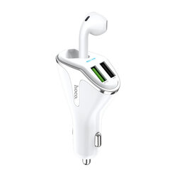 Incarcator Auto Hoco E47 Traveller Dual USB QC3.0 Cu Casca In-Ear Wireless Bluetooth + Suport Interior - White