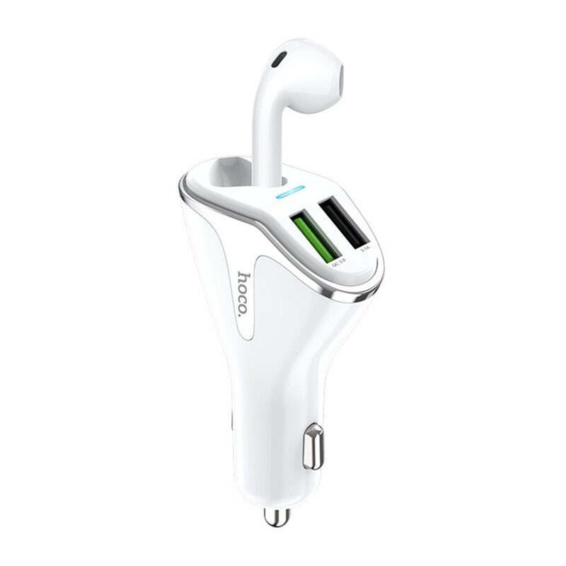 Incarcator Auto Hoco E47 Traveller Dual USB QC3.0 Cu Casca In-Ear Wireless Bluetooth + Suport Interior - White
