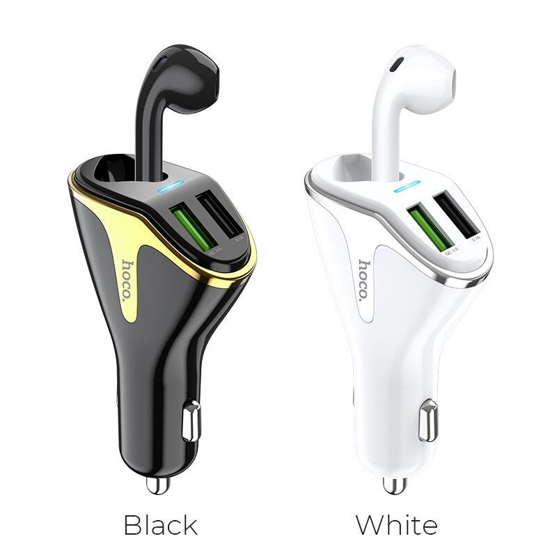 Incarcator Auto Hoco E47 Traveller Dual USB QC3.0 Cu Casca In-Ear Wireless Bluetooth + Suport Interior - White
