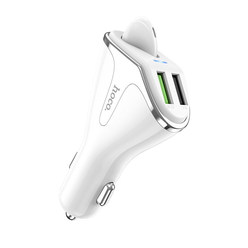 Incarcator Auto Hoco E47 Traveller Dual USB QC3.0 Cu Casca In-Ear Wireless Bluetooth + Suport Interior - White