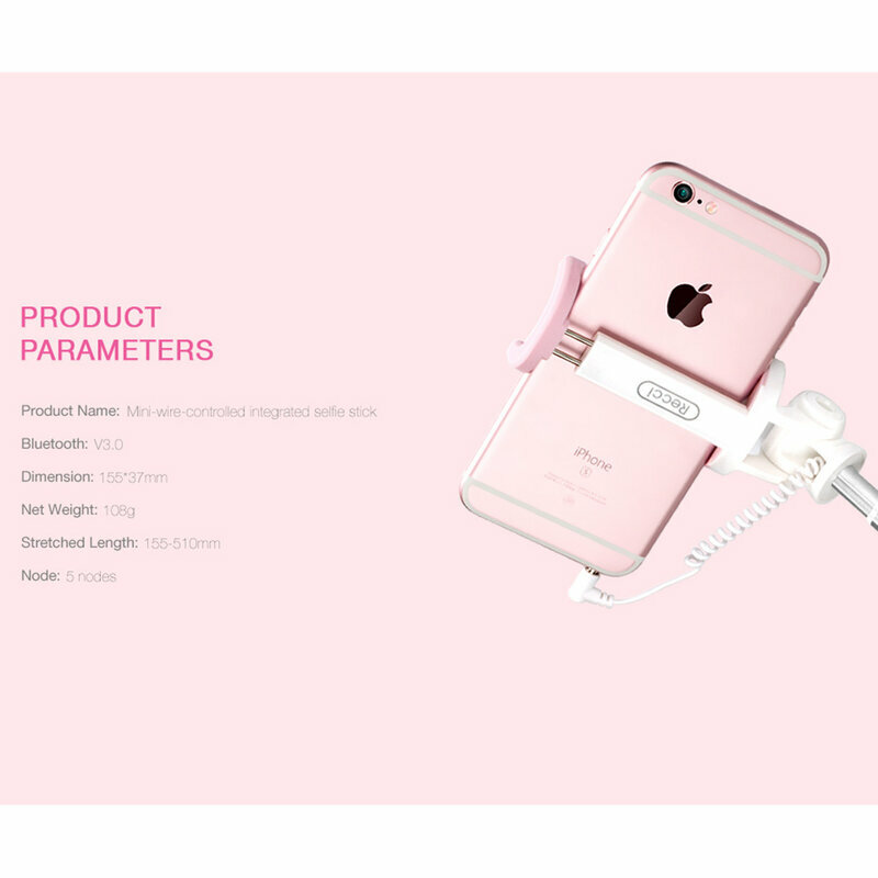 Suport Selfie Stick Recci Nimble Series Wireless Bluetooth Hidden Earphone Plug Cable - RST-C01 - Pink
